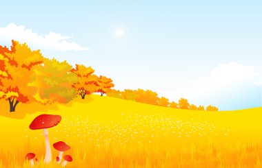 Vector illustration autumn rural landscape with meadow and forest