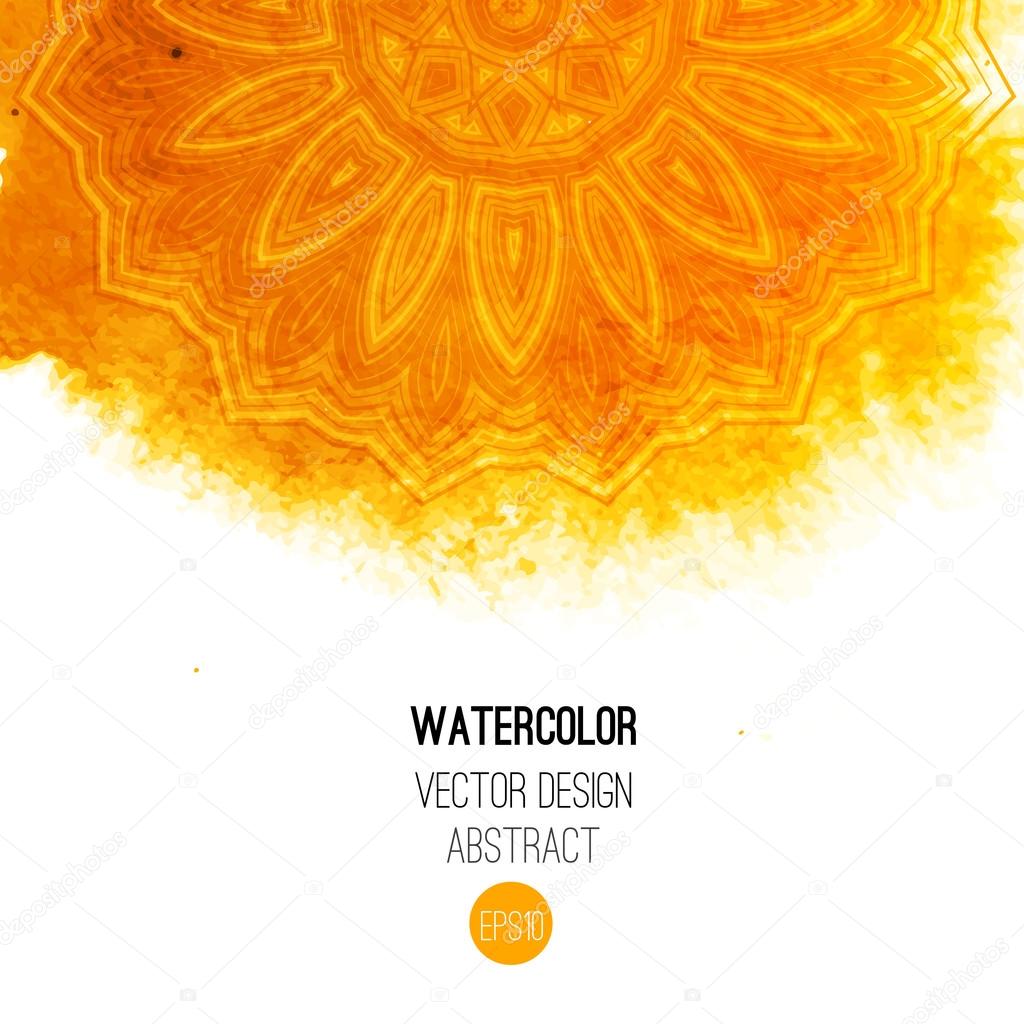 Orange watercolor brush wash with pattern - round doodle tribal elements. 