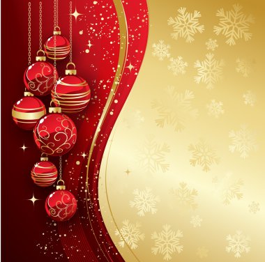Arka plan Christmas baubles ve kar taneleri ile