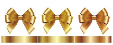 Shiny Gold Satin Bow with Gold Gradient Ribbon on white background. Vector element for Christmas, valentines day, birthday Gift Card
