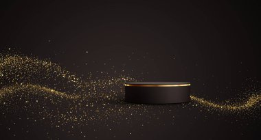 Siyah altın silindir podyumu. Karanlık Oda 'daki Altın Lüks Podyum. Model ürünler için, tanıtım sergisi. Black Stüdyo Sahne Arkaplanı. Vektör illüstrasyonu