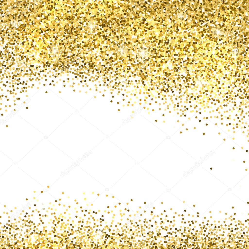 Gold sparkles on white background. Gold glitter background