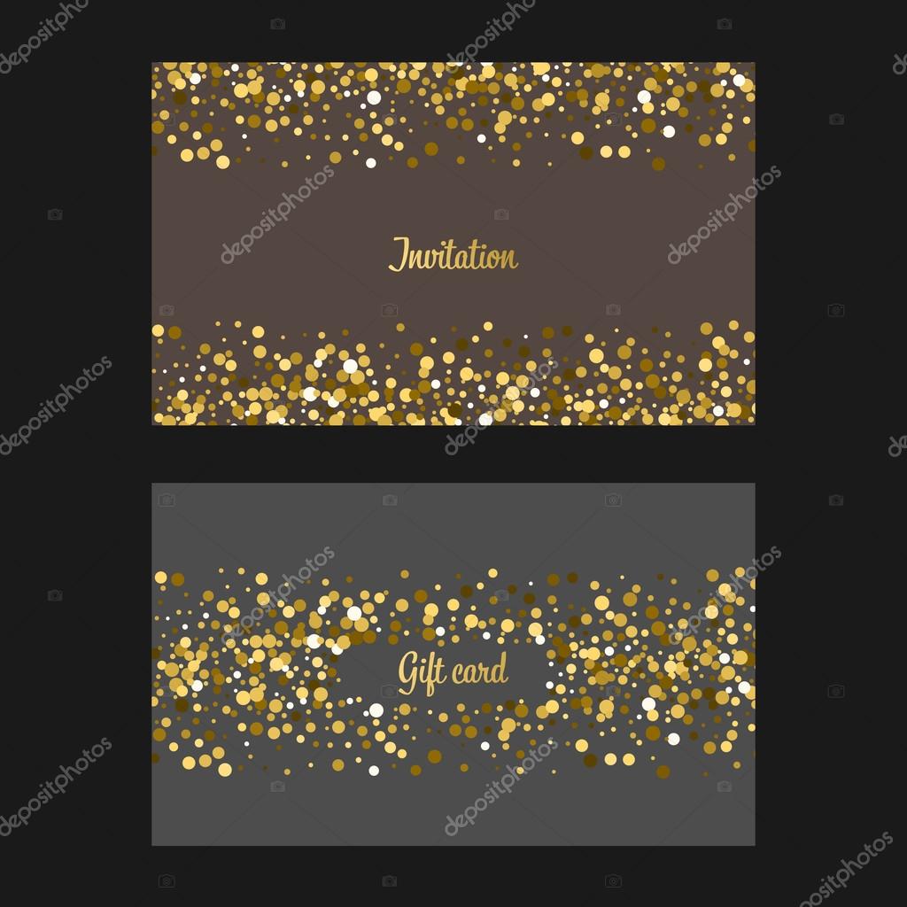 Vector invitation and gift card with Gold dots. Gold glitter background