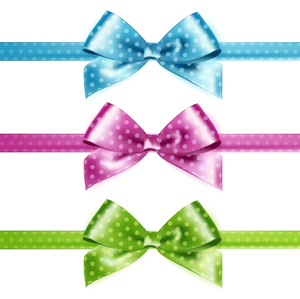 Set of isolated pink, green and blue photorealistic silk polka dots bows — Stock Vector