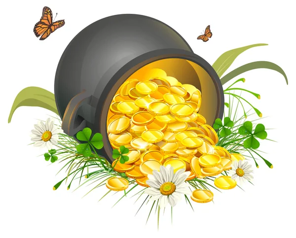 Panela virada de moedas de ouro. Caldeirão de ouro — Vetor de Stock
