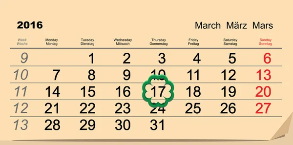 Il giorno di San Patrizio. Calendario 2016 17 marzo — Vettoriale Stock