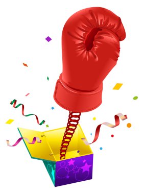 April Fools day. Red boxing glove on spring flies out of box. April Fools joke clipart