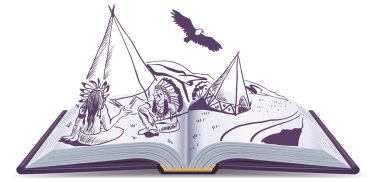 Açık kitap. Kızılderililer Kızılderili çadırı açık kitap sayfalarında otur. Macera romanı