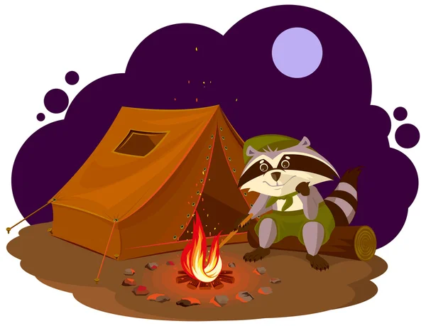 Summer holiday camp. Scout raccoon sitting around campfire. Raccoon tourist tent set. Camping — Stock Vector