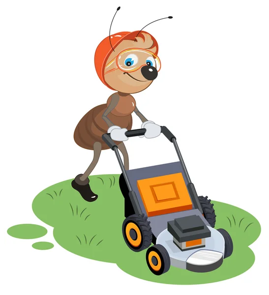 Ant gardener mows lawn. Gardener and lawn mower — Stock Vector