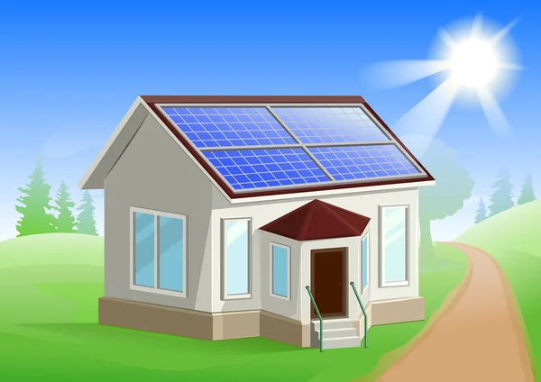 太陽エネルギー.環境への関心。屋根の上のソーラー パネルと家。代替エネルギー源 — ストックベクタ