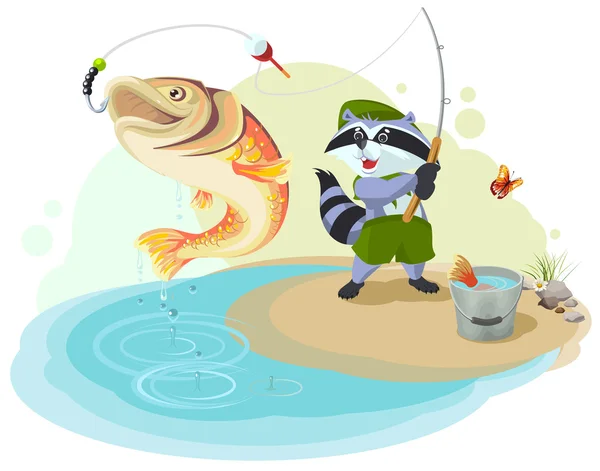 Raccoon scout pesca. Pescador capturado pez grande — Vector de stock