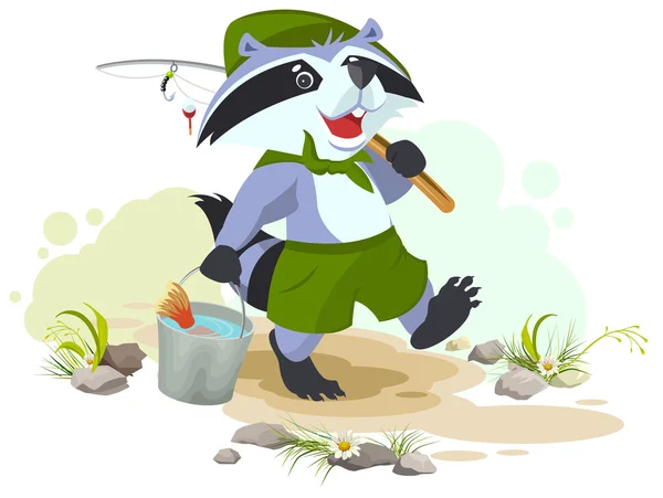 Scout goes fishing. Raccoon scout carries bucket of fish. Fisherman with fishing rod — Stock Vector