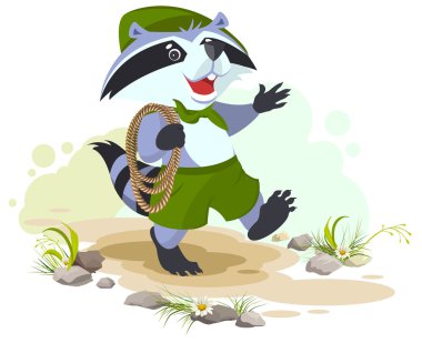 Raccoon scout carries rope. Animal scout with rope clipart