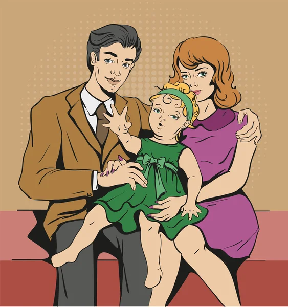 Foto Retrato de familia. Padre, madre e hija. Ilustración de dibujos animados retro . — Vector de stock