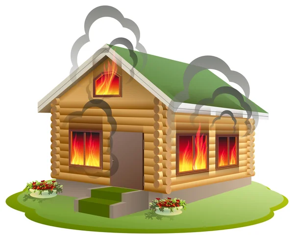 Wooden house fire. Wooden home burning. Insurance of property — Stock Vector