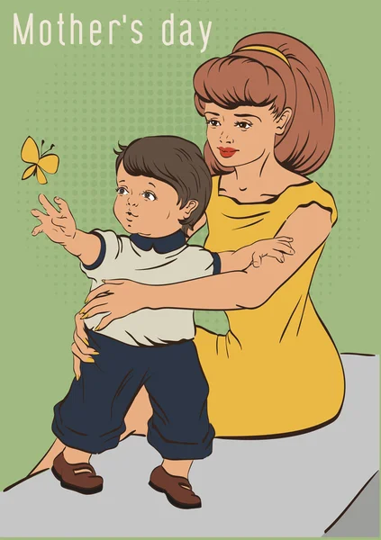 La fête des mères. Jeune mère et petit fils. Carte de vœux illustration dessin animé rétro — Image vectorielle