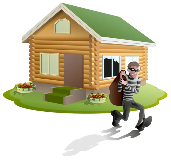 Zloději vykradli dům. Lupič muž běží s taškou. Pojištění majetku — Stockový vektor