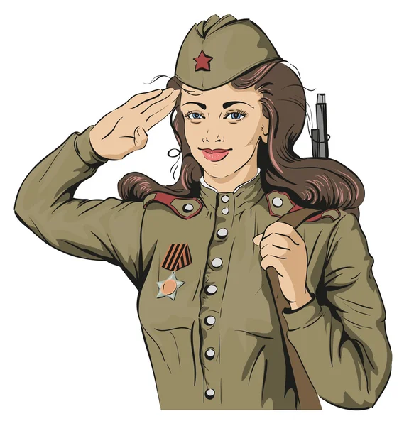 Russian Girl soldier. Female soldier in retro military uniforms. May 9 Victory Day — Stock Vector