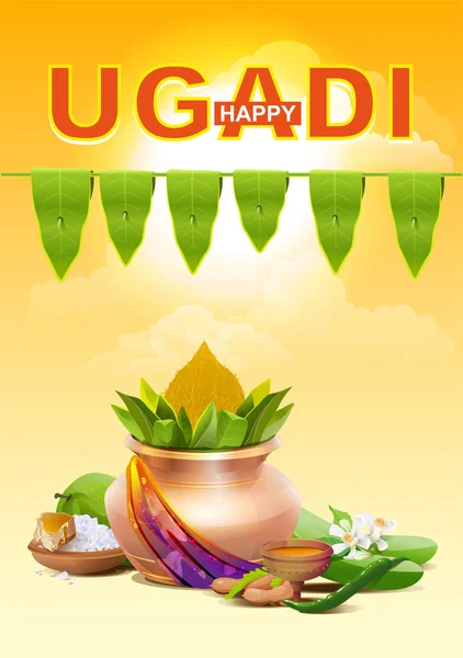 Feliz Ugadi. Tarjeta de felicitación de plantilla para vacaciones Ugadi. Olla de oro — Archivo Imágenes Vectoriales