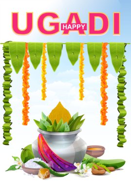 Mutlu Ugadi. Tatil Ugadi için şablon tebrik kartı. Gümüş pot