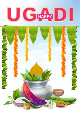Happy Ugadi. Template greeting card for holiday Ugadi. Silver pot clipart