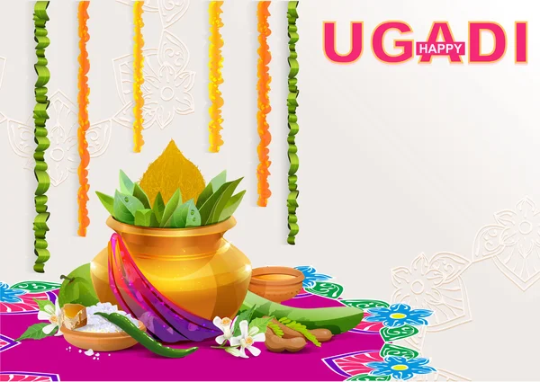 Feliz Ugadi. Tarjeta de felicitación de plantilla para vacaciones Ugadi. Olla de oro con coco — Archivo Imágenes Vectoriales