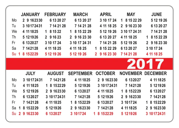 ポケット カレンダー 2017年。最初の日 (月曜日) — ストックベクタ