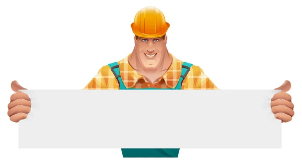 Strong male worker holding blank banner. Man in overalls. Worker in helmet — Stock Vector