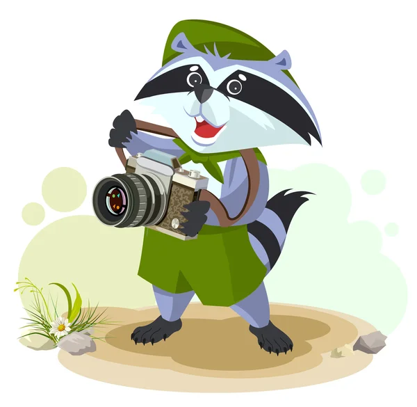 Scout raccoon with camera — Stock Vector