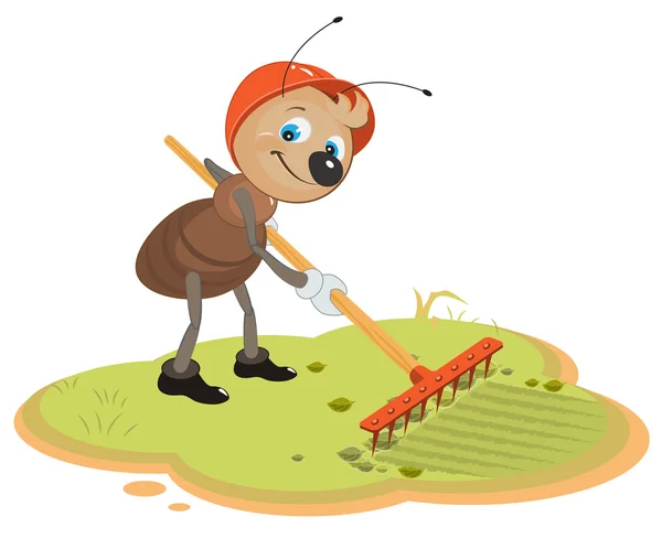 Ant Gardener with rake — Stock Vector
