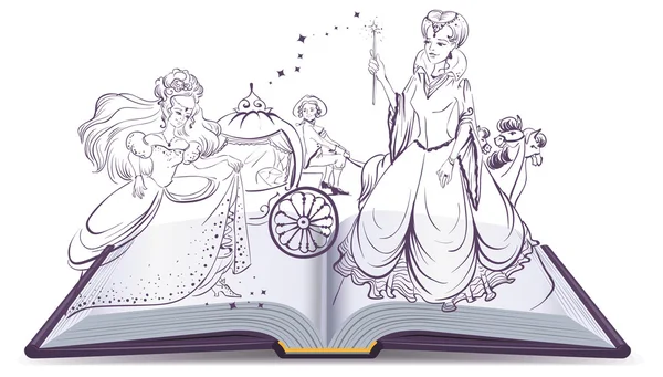 Cinderella hikayesi. Açık kitap fantastik masalı. Peri ve Cinderella cam ayakkabısı ile