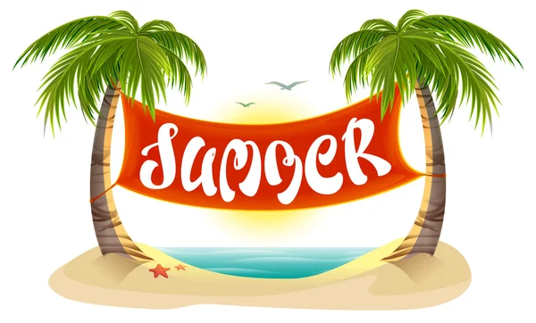 Summer rest. Tropical palm trees, sea, beach. Summer lettering text banner — Stock Vector