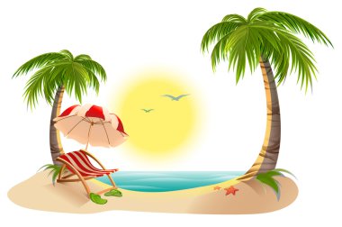 Plaj şezlong palmiye ağacının altında. Plaj şemsiyesi. Tropik tatil yaz