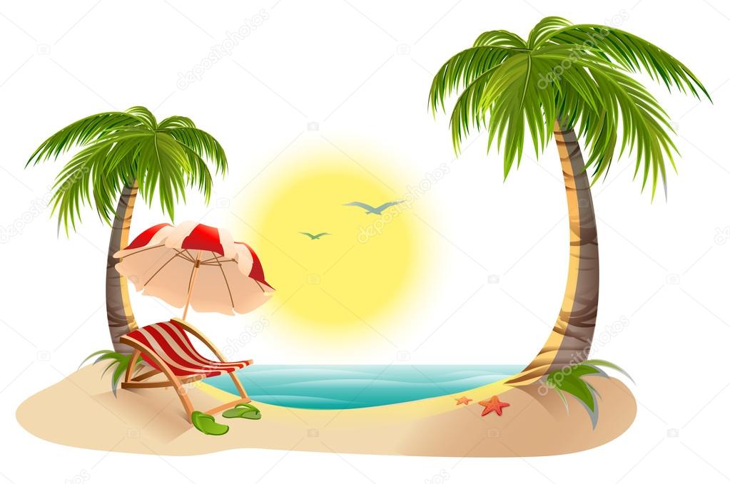 Beach Chaise Longue Under Palm Tree Umbrella Summer Vacation Beach Chaise Longue Under Palm Tree Umbrella Summer Vacation In Tropics Stock