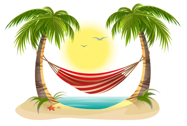 As férias na praia. Rede entre palmeiras — Vetor de Stock