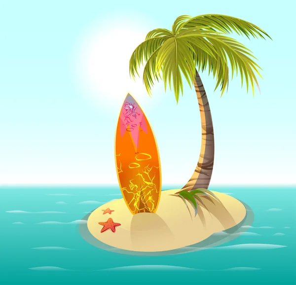 Tabla de surf, isla de arena y palma. Descanso verano — Archivo Imágenes Vectoriales