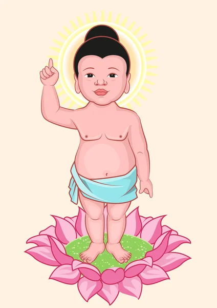 Buddha Birthday. Little Buddha stands on lotus flower — Stock Vector