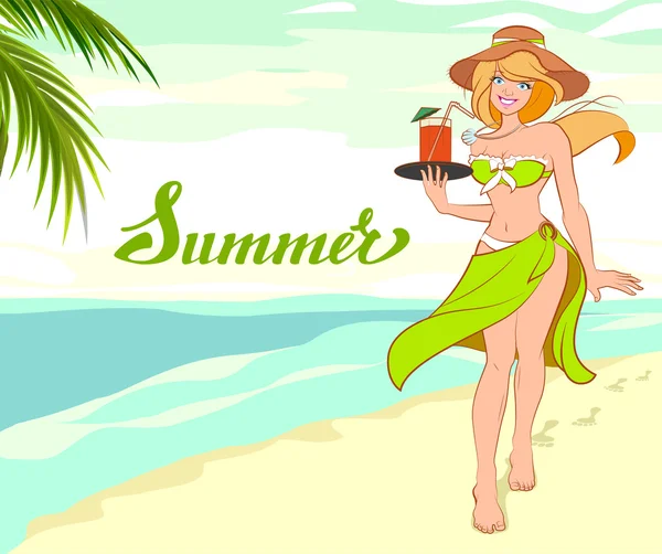 Flicka med cocktail på stranden. Sommar semester strandsemester — Stock vektor