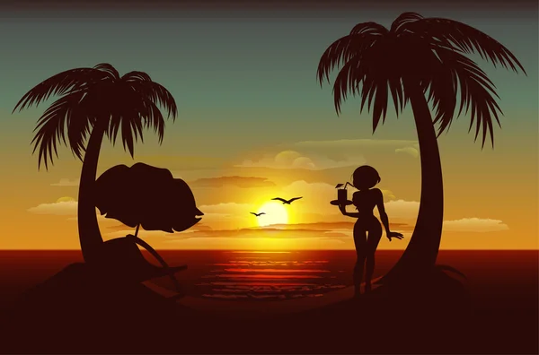 Tramonto serale sull'isola tropicale. Mare, palme, silhouette di ragazza con bevanda — Vettoriale Stock