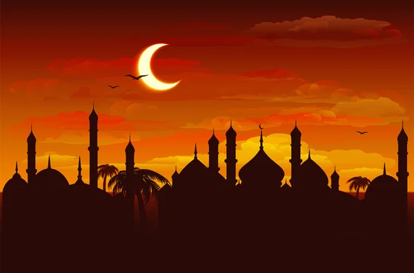 Lua no céu noturno sobre a mesquita. Ramadan Kareem fundo — Vetor de Stock