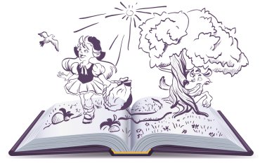 Kırmızı başlıklı kız ve gri kurt hikayesi. Açık kitap fantezi