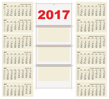 Şablon kılavuz duvar takvim 2017. İlk gün Pazartesi