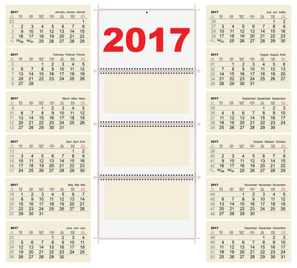 テンプレート グリッド壁カレンダー 2017年。最初の日 (月曜日) — ストックベクタ