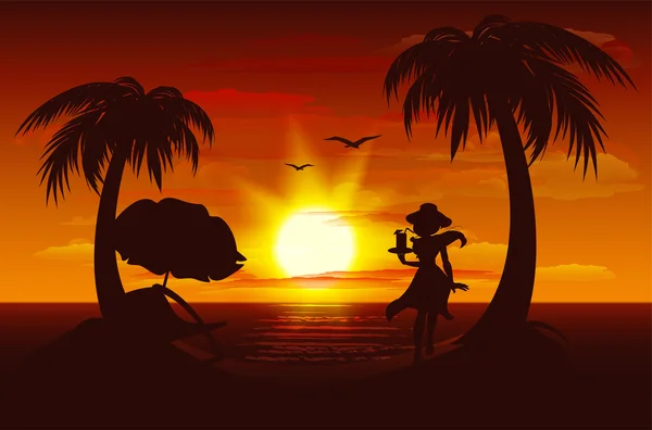 Atardecer en el mar. Mar, palmeras, silueta de chica con bebida — Archivo Imágenes Vectoriales