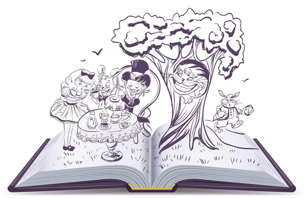 爱丽丝梦游仙境 》。女孩和兔子饮料茶 — 图库矢量图片#