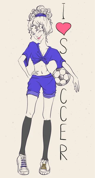Me encanta el fútbol. Hermosa mujer atlética con pelota de fútbol — Archivo Imágenes Vectoriales