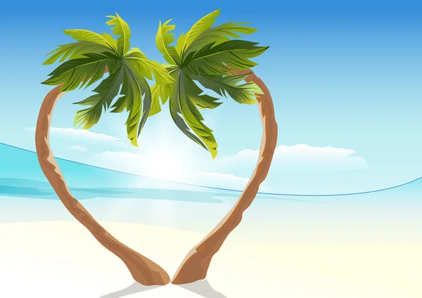 Dos palmeras tropicales curvadas en forma de corazón. Corazón símbolo del amor — Vector de stock