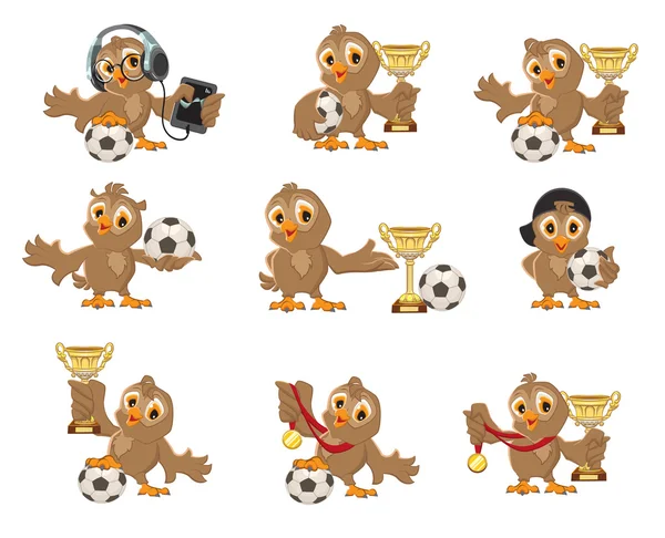 Ställ in owl fågel fotboll. Seger i mästerskapet i fotboll. Sports Cup och medalj — Stock vektor
