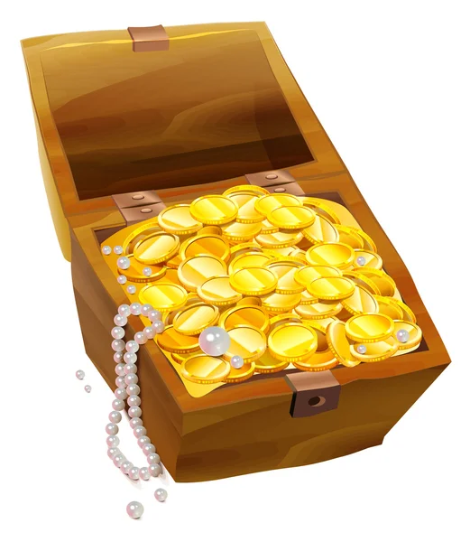 Abra o velho peito com moedas de ouro e pérolas. Peito de tesouro pirata — Vetor de Stock